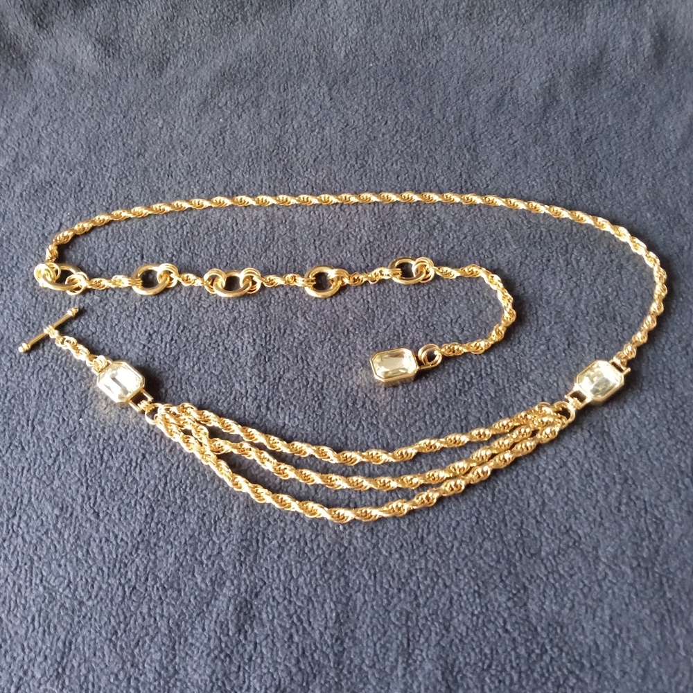 VINTAGE GOLD METAL ROPE CHAIN BELT Triple Front w/ 3 Crystals Adjustable 29"-36"
